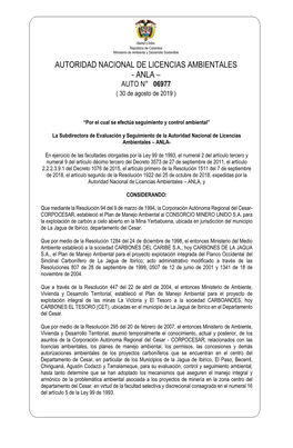 AUTORIDAD NACIONAL DE LICENCIAS AMBIENTALES - ANLA – AUTO N° 06977 ( 30 De Agosto De 2019 )