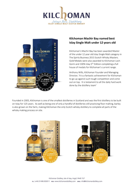 Kilchoman Machir Bay Named Best Islay Single Malt Under 12 Years Old