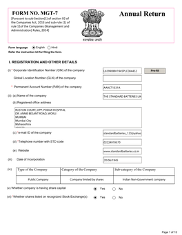 Annual Return [Pursuant to Sub-Section(1) of Section 92 of the Companies Act, 2013 and Sub-Rule (1) of Rule 11Of the Companies (Management And