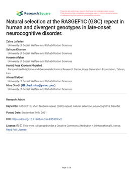 Natural Selection at the RASGEF1C (GGC) Repeat in Human and Divergent Genotypes in Late-Onset Neurocognitive Disorder