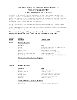 Designated Primary and Commercial Service Airports in Idaho, Oregon and Washington Covered by 24 CFR Part 51D CY 2013 Enplanements (As of 1/26/15)