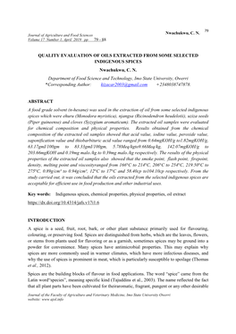 QUALITY EVALUATION of OILS EXTRACTED from SOME SELECTED INDIGENOUS SPICES Nwachukwu, C