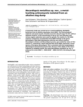 Nocardiopsis Metallicus Sp. Nov., a Metal- Leaching Actinomycete Isolated from an Alkaline Slag Dump