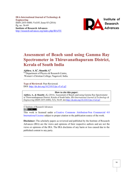 Assessment of Beach Sand Using Gamma Ray Spectrometer in Thiruvanathapuram District, Kerala of South India