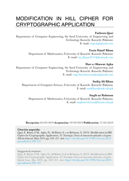 Modification in Hill Cipher for Cryptographic Application