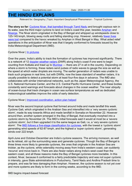 THE HINDU EXPLAINS Relevant For: Geography | Topic: Important Geophysical Phenomenon - Tropical Cyclones