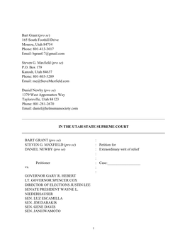 Bart Grant (Pro Se) 165 South Foothill Drive Monroe, Utah 84754 Phone: 801-413-3017 Email: Bgrant17@Gmail.Com