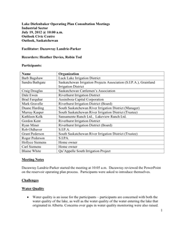 1 Lake Diefenbaker Operating Plan Consultation Meetings Industrial