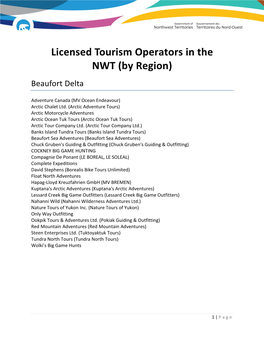 Licensed Tourism Operators in the NWT (By Region) Beaufort Delta