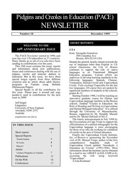 Pidgins and Creoles in Education (PACE) NEWSLETTER Number 10 December 1999