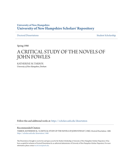 A Critical Study of the Novels of John Fowles Katherine M