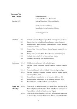 1 Curriculum Vitae Inoue, Takehiko December 2017 Gastwissenschaftler Lehrstuhl Für Russland-/Asienstudien Ludwig-Maximilians-Un