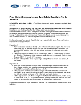 Ford Motor Company Issues Two Safety Recalls in North America