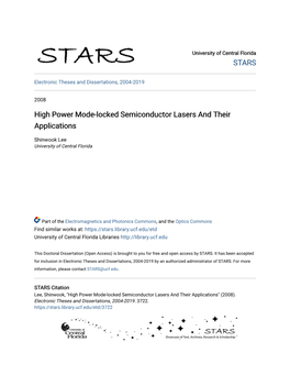 High Power Mode-Locked Semiconductor Lasers and Their Applications