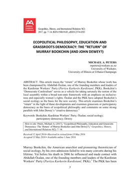 Ecopolitical Philosophy, Education and Grassroots Democracy: the “Return” of Murray Bookchin (And John Dewey?)