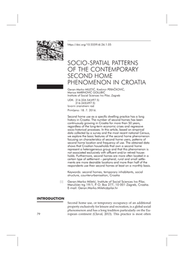 Socio-Spatial Patterns of the Contemporary Second Home Phenomenon in Croatia