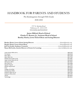 HANDBOOK for PARENTS and STUDENTS Pre-Kindergarten Through Fifth Grade 2020-2021