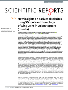 New Insights on Basivenal Sclerites Using 3D Tools and Homology of Wing Veins in Odonatoptera (Insecta)