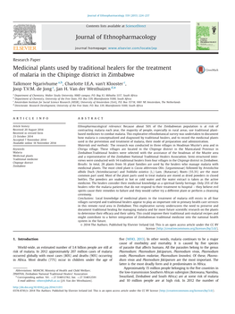 Medicinal Plants Used by Traditional Healers for the Treatment of Malaria in the Chipinge District in Zimbabwe