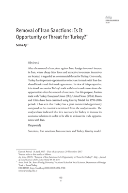 Removal of Iran Sanctions: Is It Opportunity Or Threat for Turkey?*