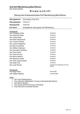 Niederschrift Sitzung Des Amtsausschusses, 23.02.2012