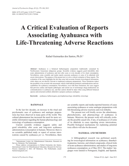 A Critical Evaluation of Reports Associating Ayahuasca with Life-Threatening Adverse Reactions