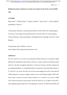 Defining the Genetic Architecture of Stripe Rust Resistance in the Barley Accession HOR