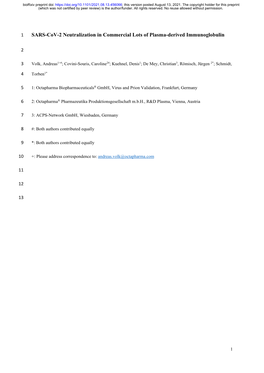 SARS-Cov-2 Neutralization in Commercial Lots of Plasma-Derived Immunoglobulin