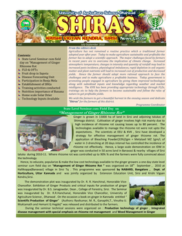 “Management of Ginger Rhizome Rot” Ginger Is Grown in 13000 Ha of Land in Sirsi and Adjoining Talukas of Shimoga District