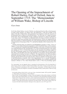 The Opening of the Impeachment of Robert Harley, Earl of Oxford, June to September 1715: the ‘Memorandum’ of William Wake, Bishop of Lincoln