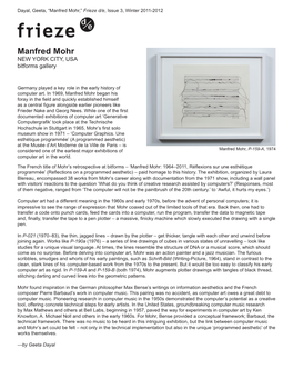Manfred Mohr,” Frieze D/E, Issue 3, Winter 2011-2012