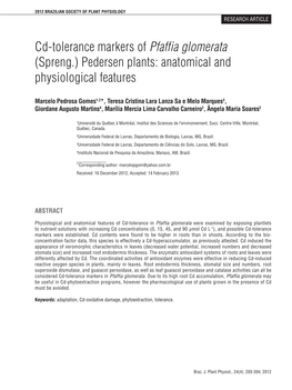 Cd-Tolerance Markers of Pfaffia Glomerata (Spreng.) Pedersen Plants: Anatomical and Physiological Features