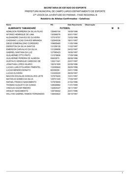 Fase Regional B Prefeitura Municipal De Campo Largo-Departamento De Esporte Secretaria De E