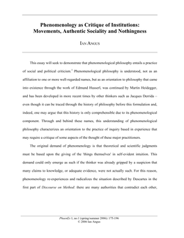 Phenomenology As Critique of Institutions: Movements, Authentic Sociality and Nothingness