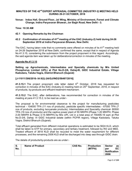 MINUTES of the 42Nd EXPERT APPRAISAL COMMITTEE (INDUSTRY-2) MEETING HELD DURING 29-31 OCTOBER, 2018