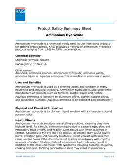 Product Safety Summary Sheet