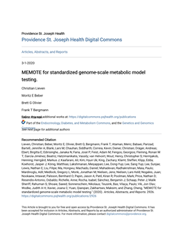 MEMOTE for Standardized Genome-Scale Metabolic Model Testing