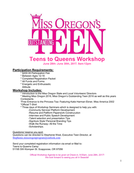 Teens to Queens Workshop June 28Th- June 30Th, 2017