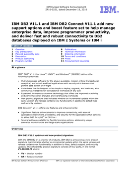 IBM DB2 V11.1 and IBM DB2 Connect V11.1 Add New Support Options and Boost Feature Set to Help Manage Enterprise Data, Improve Pr