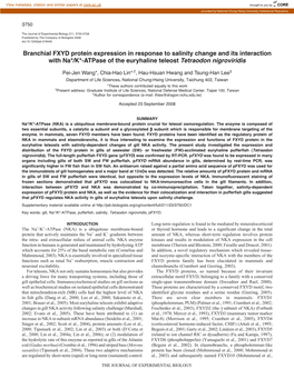 Branchial FXYD Protein Expression in Response to Salinity Change and Its Interaction with Na+/K+-Atpase of the Euryhaline Teleost Tetraodon Nigroviridis