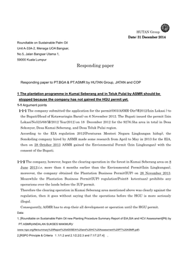 31 December 2014 Roundtable on Sustainable Palm Oil Unit A-33A-2, Menaga UOA Bangsar, No.5, Jalan Bangsar Utama 1, 59000 Kuala Lumpur Responding Paper