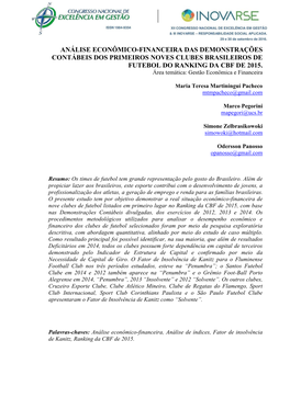 Análise Econômico-Financeira Das Demonstrações Contábeis Dos Primeiros Noves Clubes Brasileiros De Futebol Do Ranking Da Cbf De 2015