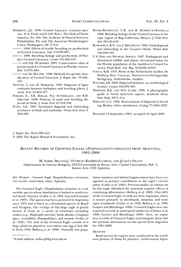 Recent Records of Crowned Eagles &Lpar;<I>Harpyhaliaetus Coronatus