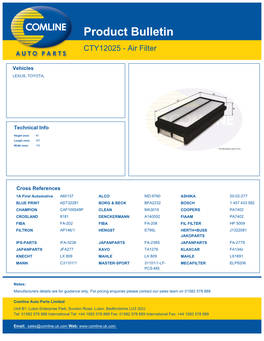 Product Bulletin CTY12025 - Air Filter