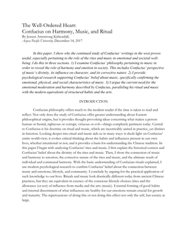 The Well-Ordered Heart: Confucius on Harmony, Music, and Ritual by Jensen Armstrong Kirkendall, Azusa Pacific University, December 14, 2017