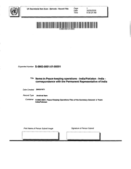 Title Items-In-Peace-Keeping Operations - India/Pakistan - India - Correspondence with the Permanent Representative of India