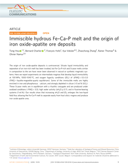 Immiscible Hydrous Feâ€“Caâ€“P Melt and the Origin of Iron Oxide-Apatite Ore Deposits