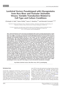 Lentiviral Vectors Pseudotyped with Glycoproteins from Ross River and Vesicular Stomatitis Viruses: Variable Transduction Related to Cell Type and Culture Conditions