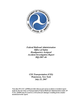 Federal Railroad Administration Office of Safety Headquarters Assigned Accident Investigation Report HQ-2007-46 CSX Transportati