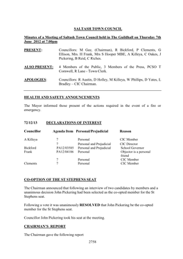 Minutes of a Meeting of Saltash Town Council Held in the Guildhall on Thursday 7Th June 2012 at 7.00Pm